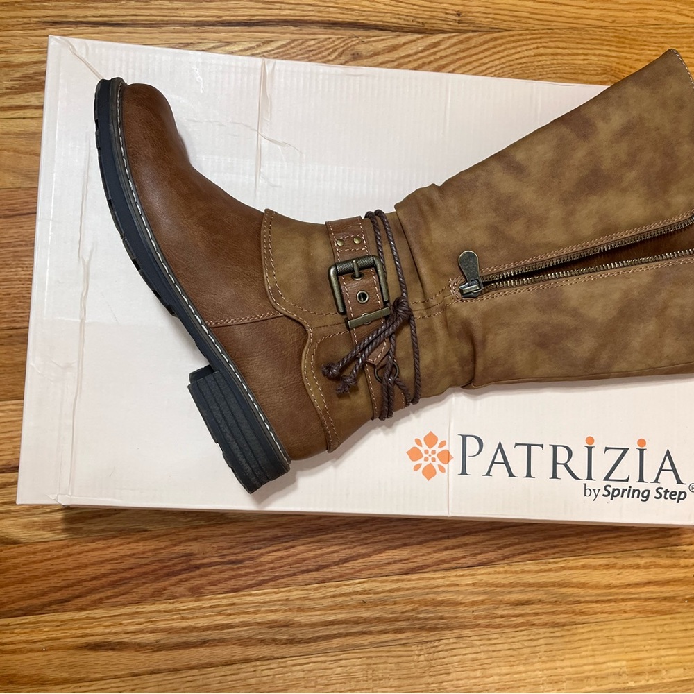 Patrizia Pepe Tan Faux-Leather Mid-Calf Boot with Buckle Accent